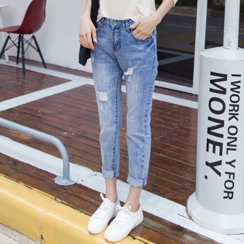 网红高腰牛仔裤女破洞chic九分夏
