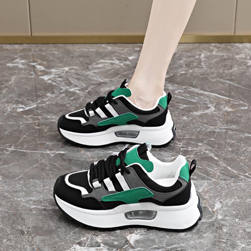 女鞋2025新款秋季厚底拼色运动鞋真皮百搭老爹鞋小个子轻便增高鞋