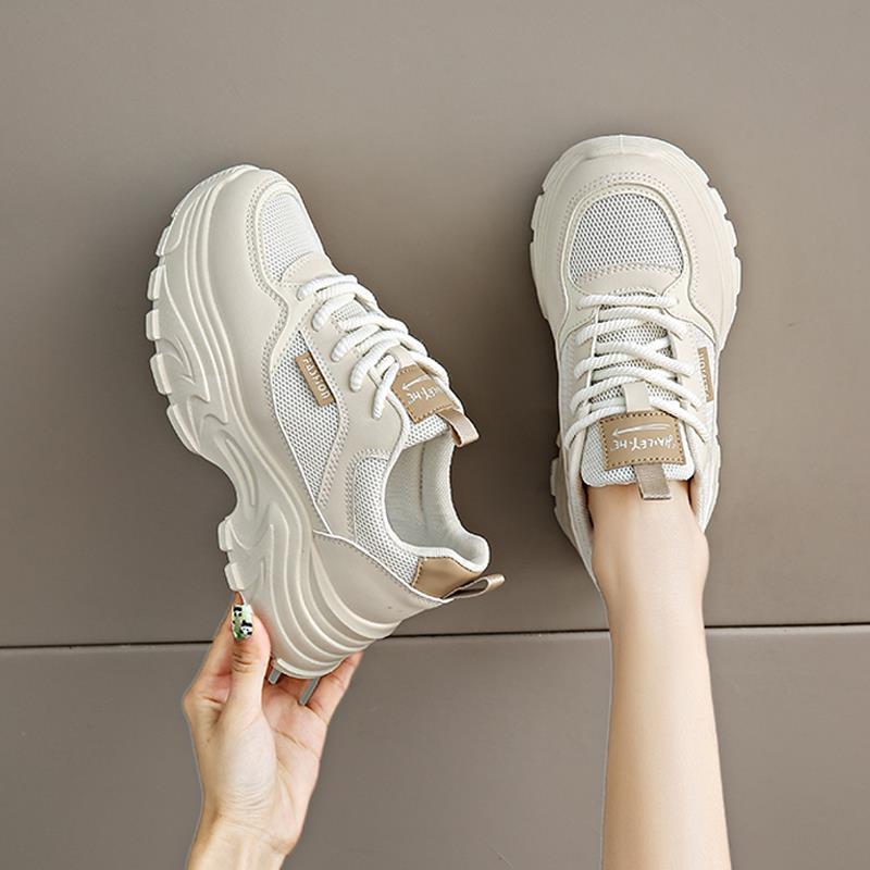 黑色运动鞋女2025新款秋季透气网面老爹鞋厚底增高女鞋大码松糕鞋