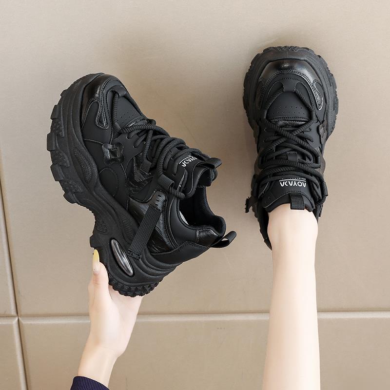 黑色鞋子女2025新款秋季小个子厚底配阔腿裤老爹鞋内增高运动鞋女