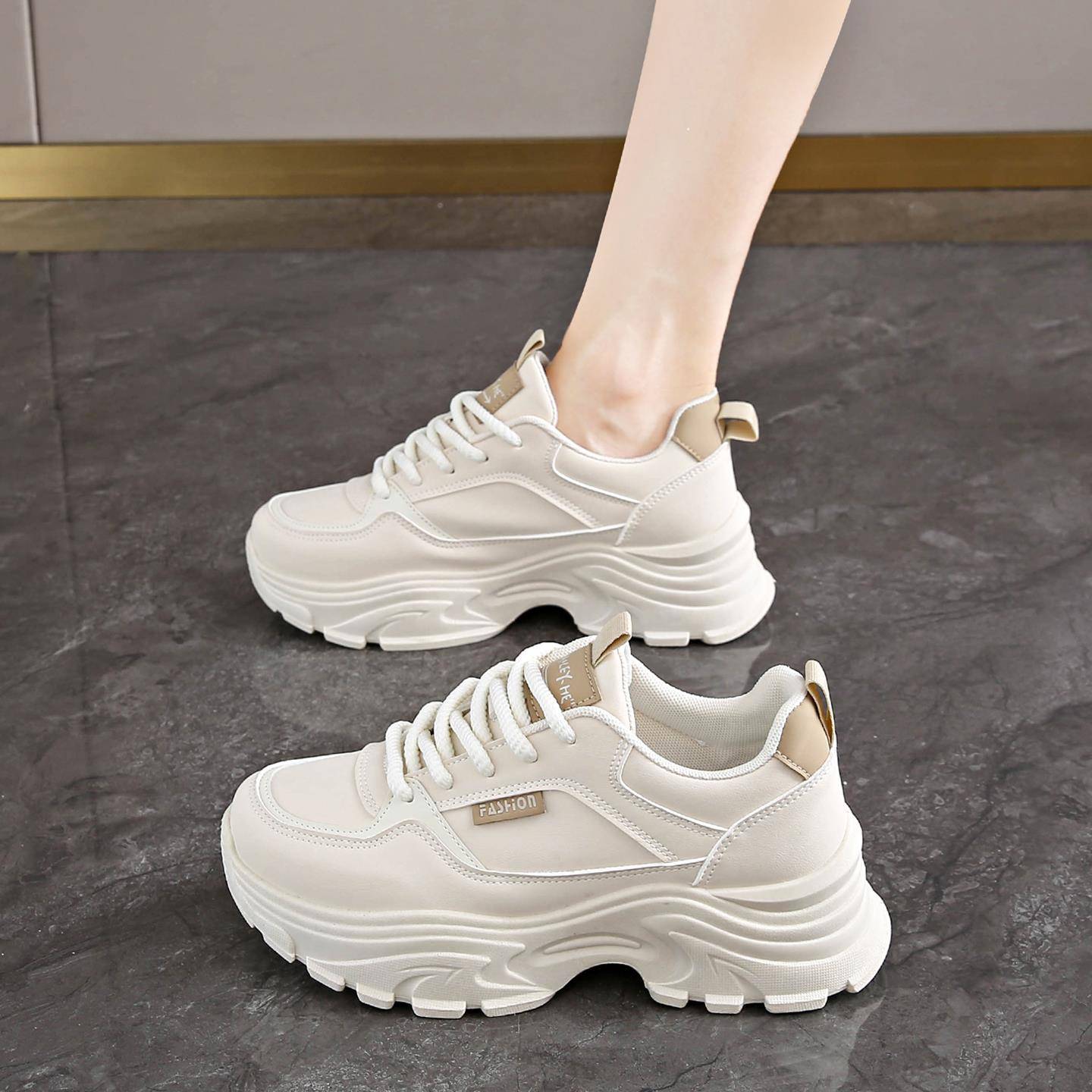 老爹鞋女2025新款秋季皮面防水运动鞋小个子厚底增高鞋轻便小白鞋