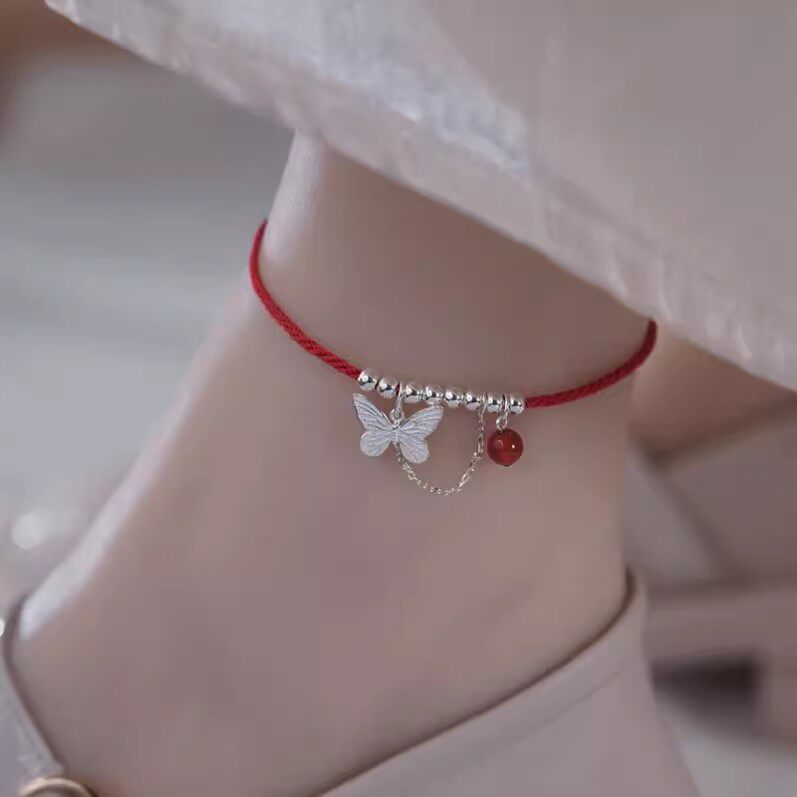 珠蝴蝶脚链仿红玛瑙红绳脚链女