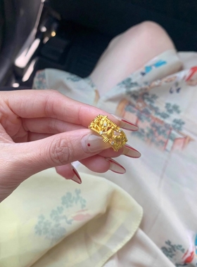 复古喜鹊登梅黄金色戒指古法高级