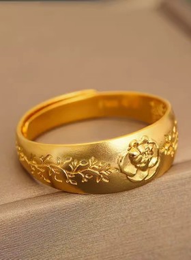 古法黄金色牡丹花戒指活口小众设