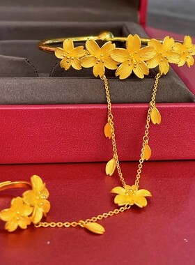 精致结婚手背链戒指一体黄金色樱