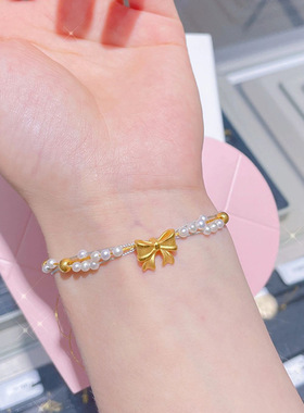 在逃公主金色蝴蝶结手链女珍珠编
