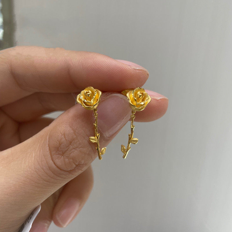 金色玫瑰花耳钉女花枝镀18K金耳