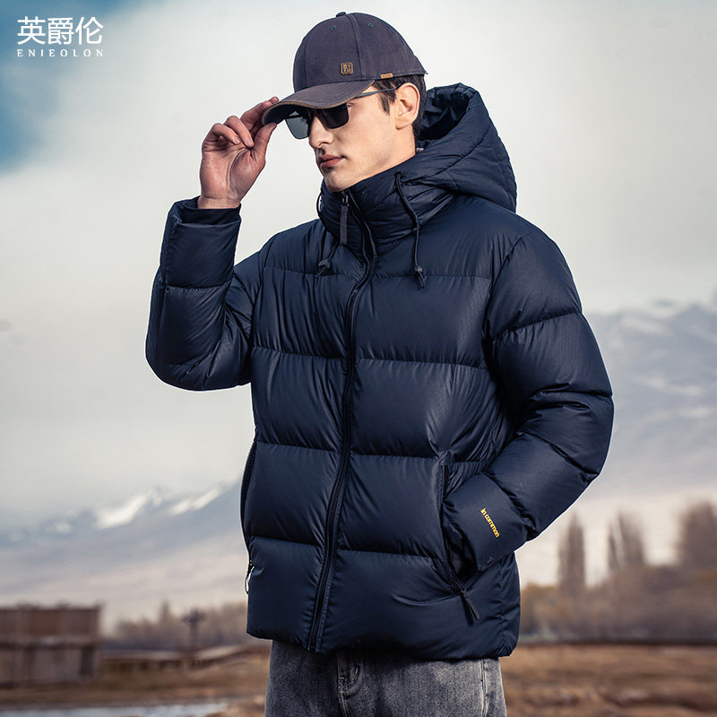 英爵伦高充绒量白鸭绒羽绒服 2023冬季男士连帽加厚外套纯色上衣