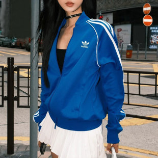 Adidas三叶草外套女春季新款蓝色运动服棒球服宽松美式复古夹克