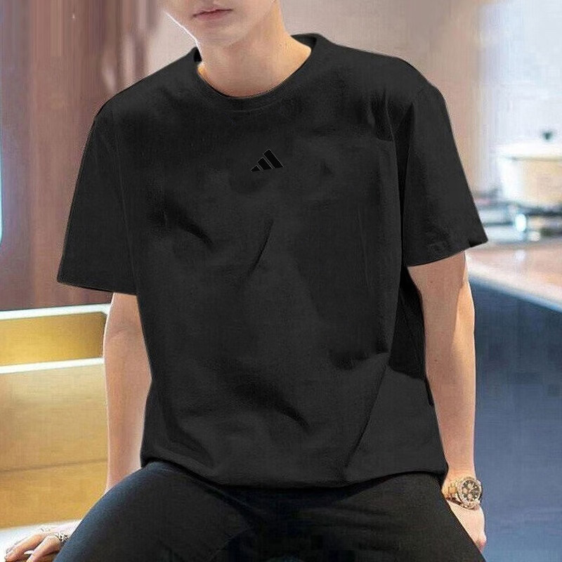 Adidas短袖男装夏季新款简约纯色运动服棉质透气休闲黑色T恤