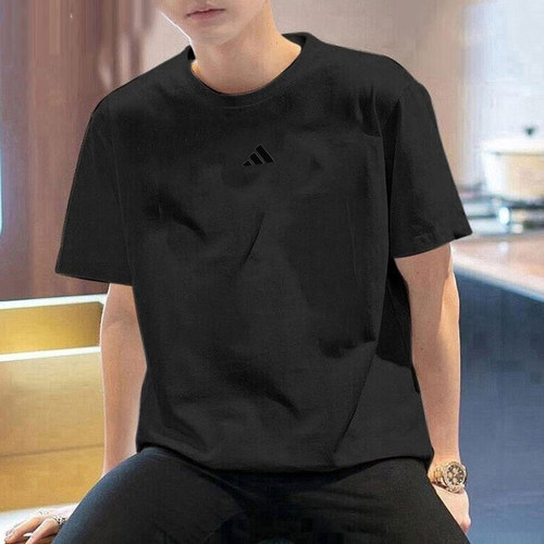 Adidas短袖男装夏季新款简约纯色运动服棉质透气休闲黑色T恤