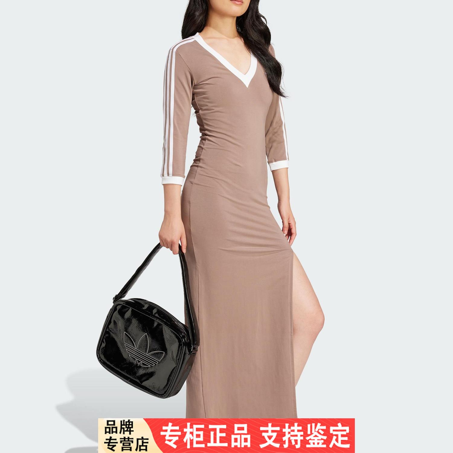 Adidas/阿迪达斯官方正品三叶草女士长款侧开叉V领连身裙JX5193