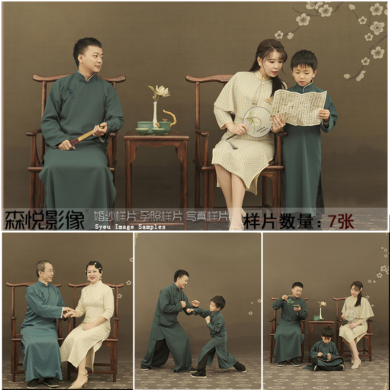 2023影楼室内古典工笔画全家福样片样版客样照S792