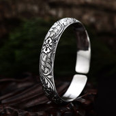 民雕小匠 复古足银镯子手工银手镯串子莲图案浮雕开口银饰定制