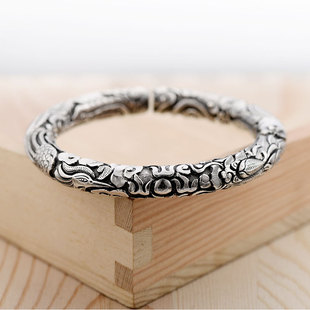 民雕小匠龙凤呈祥足银手环手工银手镯圆柱情侣圆形手镯子满雕图案