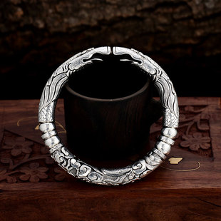 民雕小匠手工龙镯银手镯双响环圆棍龙抱柱银镯子霸气男士 纯银手镯