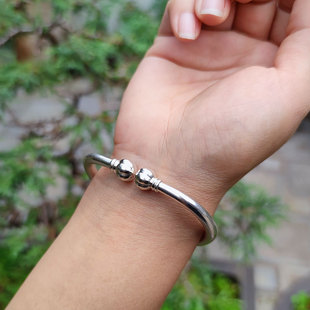 民雕小匠 南瓜头哑光面手工纯银手镯小圆满南瓜珠定制圆条银镯子