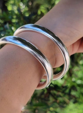 双面弧泥鳅背足银999手镯双鼓光面学生纯银实心素圈银镯子闭口