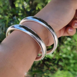 双面弧泥鳅背足银999手镯双鼓光面学生纯银实心素圈银镯子闭口