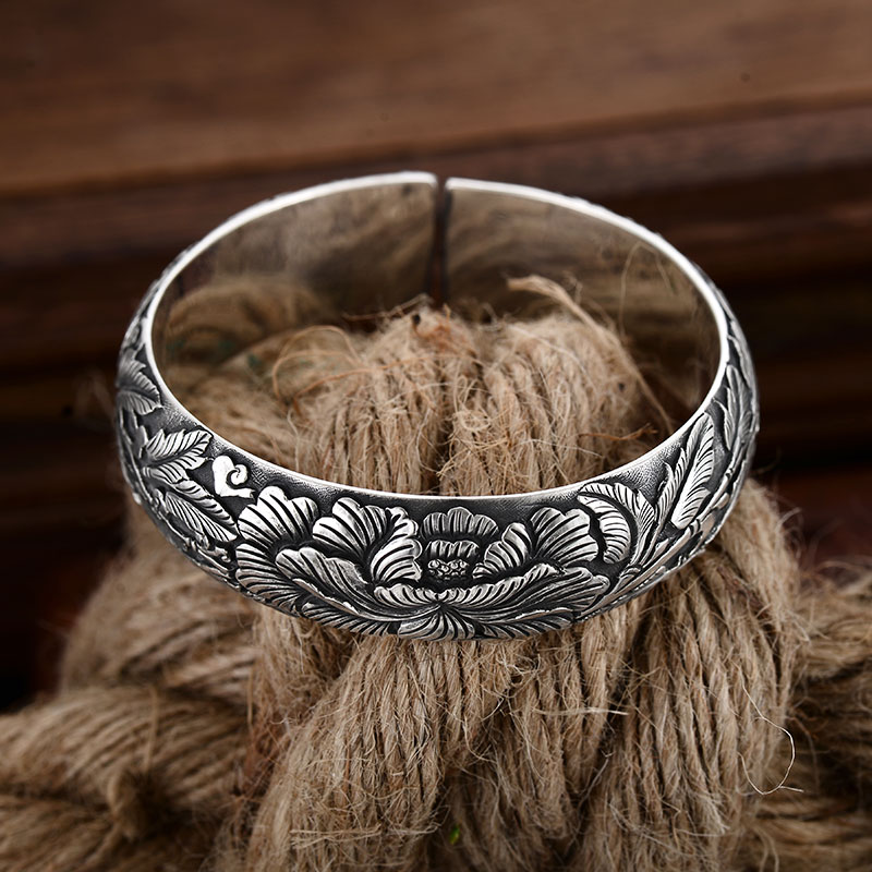 民雕小匠 宽幅牡丹做旧纯银手镯足银999银镯子定制特色手工银饰