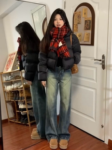 复古高腰做旧直筒牛仔裤女2024新款春季显瘦垂感宽松阔腿裤拖地裤