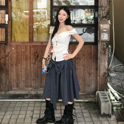 韩系夏季新款藏青色格纹大蝴蝶结半身裙女休闲宽松显瘦a字中长裙