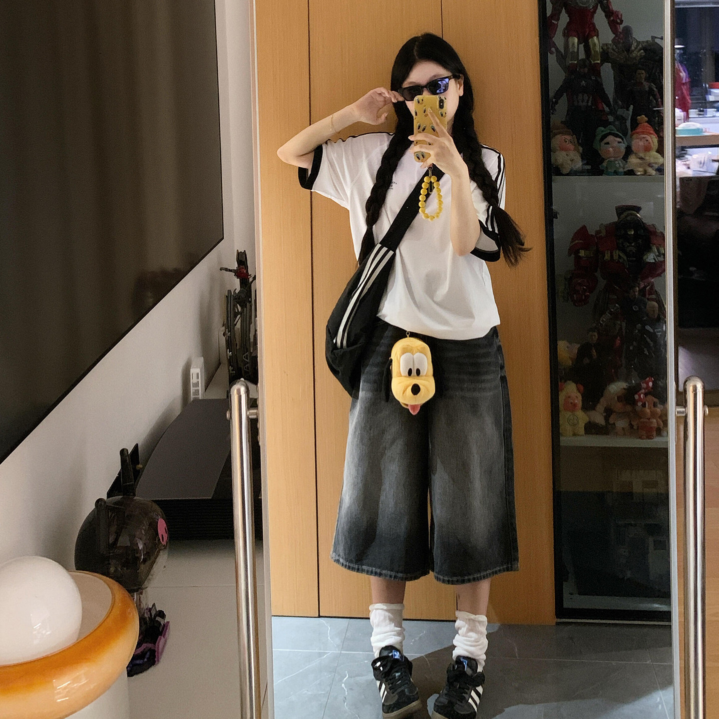 美式复古蓝黑色阔腿牛仔七分裤女夏季新款高腰百搭宽松显瘦中短裤