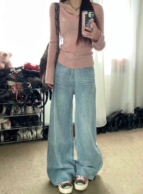 美式复古高腰宽松阔腿牛仔裤女