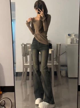 美式复古岩灰微喇叭牛仔裤女高腰弹力修身显瘦辣妹百搭拖地马蹄裤