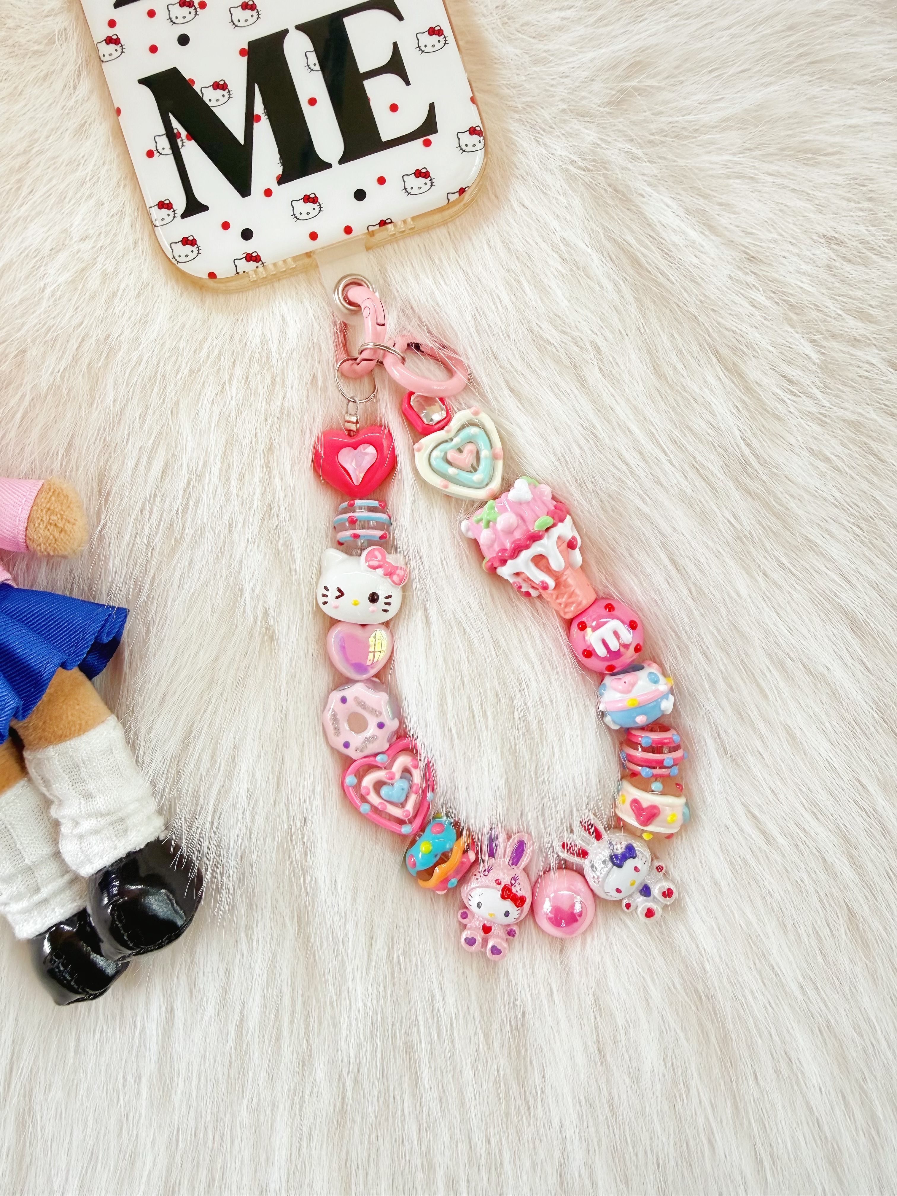 原创设计卡通hello猫咪兔子Kitty手绘串珠手机壳链条CCD挂饰装饰