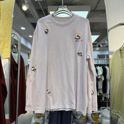 欧货2025夏季新品圆领设计感刺绣猫咪慵懒风防晒长袖T恤上衣女潮