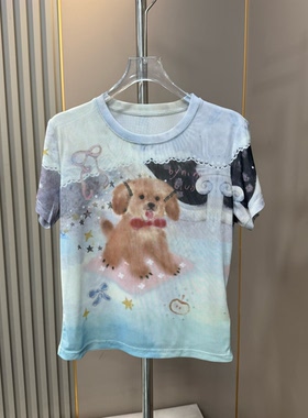 甜酷风 夏季圆领晕染抽象可爱狗狗印花薄款网纱短袖T恤修身短上衣