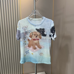 甜酷风 夏季圆领晕染抽象可爱狗狗印花薄款网纱短袖T恤修身短上衣