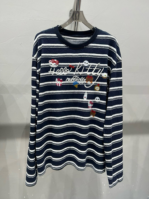 欧货春季新款圆领刺绣卡通Hello Kitty动物减龄条纹宽松T恤上衣