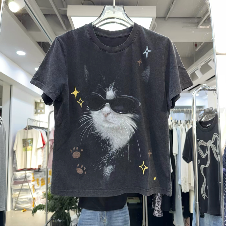 欧货2026夏季新款圆领卡通眼镜猫咪印花短袖T恤女做旧时髦上衣