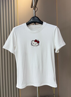 福利 2026早春新款圆领刺绣Kitty薄绒磨毛短袖T恤女猫咪半袖上衣