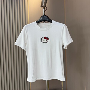 福利 2026早春新款圆领刺绣Kitty薄绒磨毛短袖T恤女猫咪半袖上衣