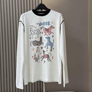 欧货早春新款 趣味可爱 卡通手绘星星小马图案宽松T恤女 长袖上衣
