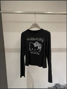 欧货秋季新款 趣味减龄 刺绣Kitty猫咪字母长袖T恤女短款辣妹上衣