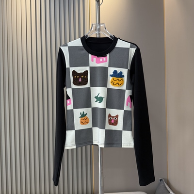 特惠清仓 拼色小熊菠萝毛巾绣印花长袖T恤女趣味时髦洋气打底衫