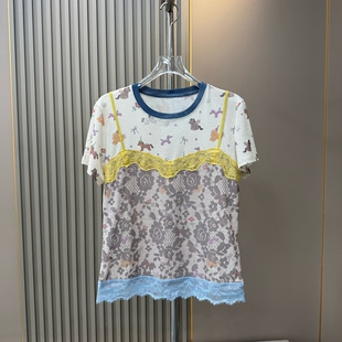 夏季 时尚设计感卡通印花拼接蕾丝假两件吊带短袖T恤撞色薄款上衣