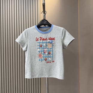 夏新款 时尚卡通立体刺绣字母印花拼色糖果短袖T恤女减龄百搭上衣