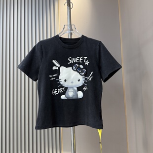 欧货2026早春新款趣味可爱卡通KT猫蝴蝶结印花短袖T恤女时髦上衣