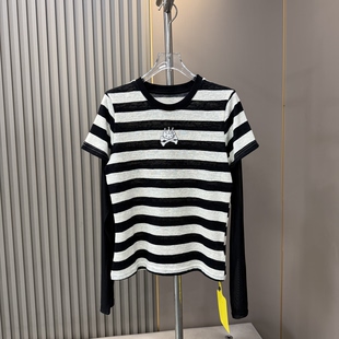 特价清仓 时尚设计感黑白条纹拼接假两件短袖T恤女上衣