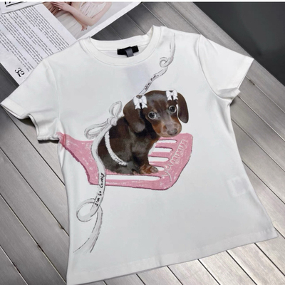 欧货春夏新款趣味甜酷辣白墨直喷印花卡通小狗短袖T恤女辣妹上衣