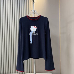 欧货 趣味可爱 甜美卡通减龄刺绣Kitty猫咪洋气女修身T恤小版上衣