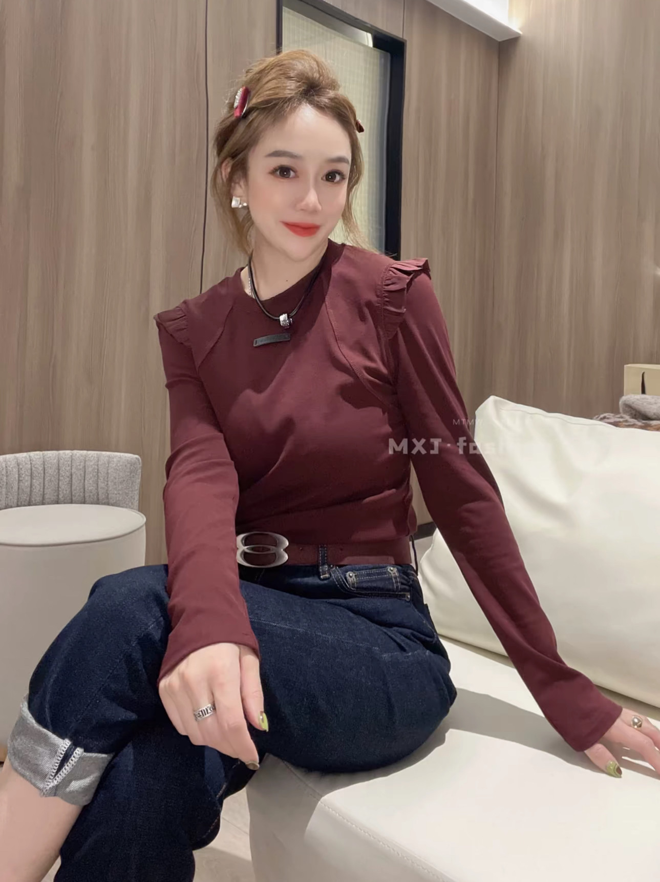 赔钱清仓 时尚圆领拼接飞边袖洋气长袖T恤女显瘦打底衫潮