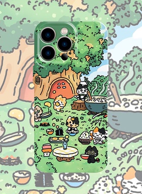 可爱猫咪野餐手机壳适用iPhone17promax苹果16菲林13小清新14小米15绿色oppo华为mate70荣耀P80红米vivox200