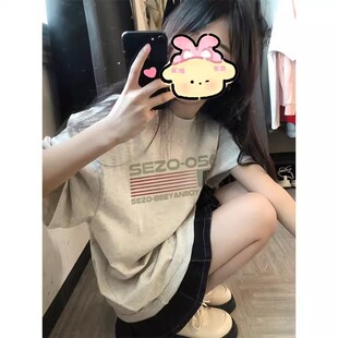 100%纯棉重磅星条旗印花短袖T恤女美式复古宽松夏季半袖ins上衣潮