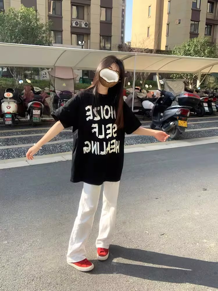 100%纯棉休闲丅恤短袖女学生夏季宽松美式复古学院慵懒风小众上衣